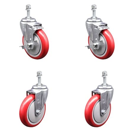 Service Caster 5 Inch Red Polyurethane Wheel Swivel 3/8 Inch Threaded Stem Caster Brake, 2PK SCC-TS20S514-PPUB-RED-TLB-381615-2S2